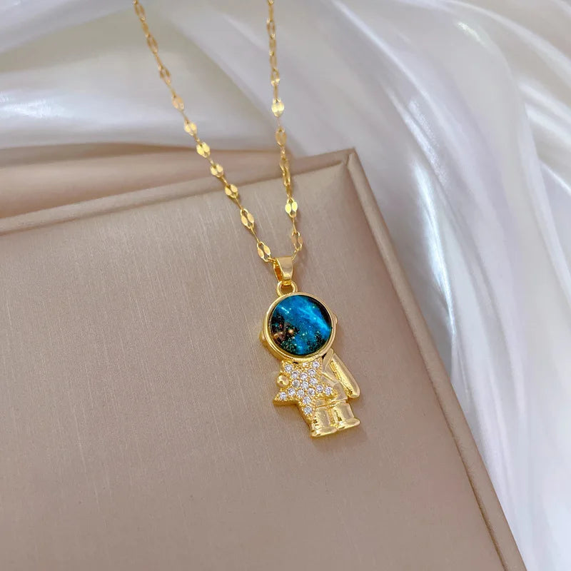Collier planète ciel étoilé — étoile et lune, chaîne de clavicule polyvalente, acier inoxydable, femme
