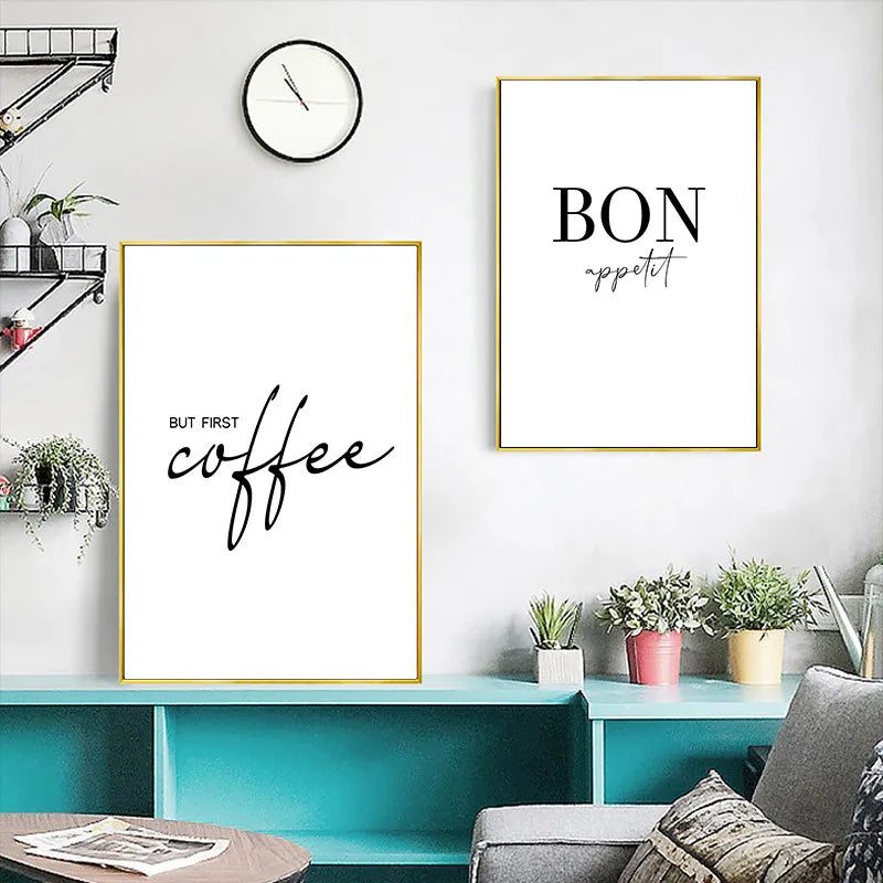 Decoración artística de pared de cocina, pero el primer cartel de café, estampado de "Bon Appétit", pintura en lienzo de arte mural en blanco y negro para comedor, decoración del hogar