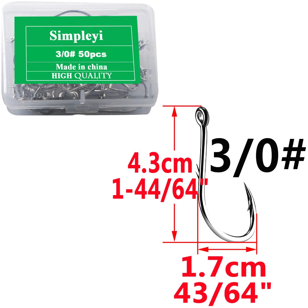 Anzuelos de pesca de acero con alto contenido de carbono, con púas, juego de anzuelos circulares individuales, lombriz marina, carpa, accesorios de pesca con mosca, anzuelo, 50 piezas por caja