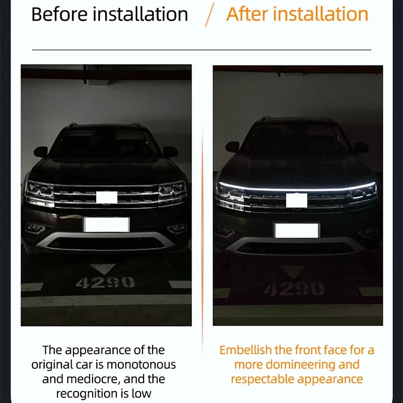 LED Daytime Running Lights for Car Hood, Scanning Start, Decorative Lights, Automatic Engine Hood Guide DRL, Decorative Ambient Lamp, 12V, 150cm
