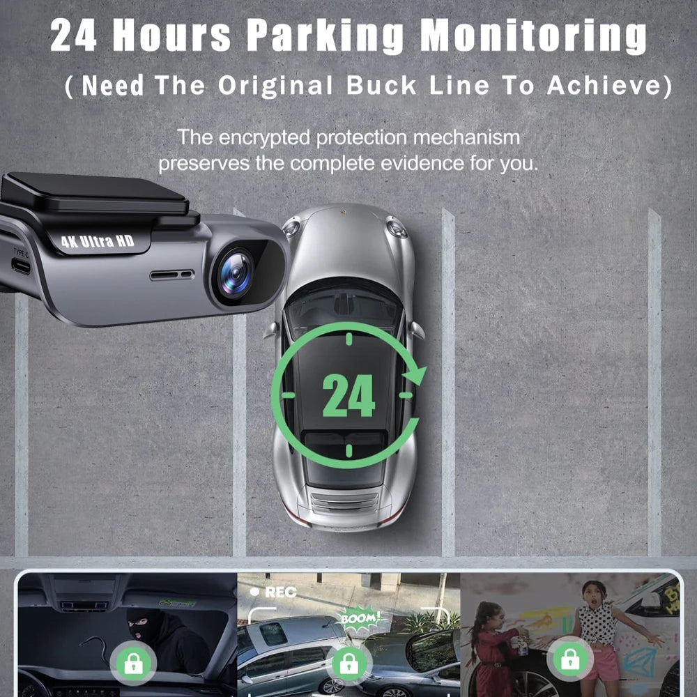 Dashcam WiFi 4K 3840x2160P — Vision Nocturne Surveillance 24H Boîte Noire