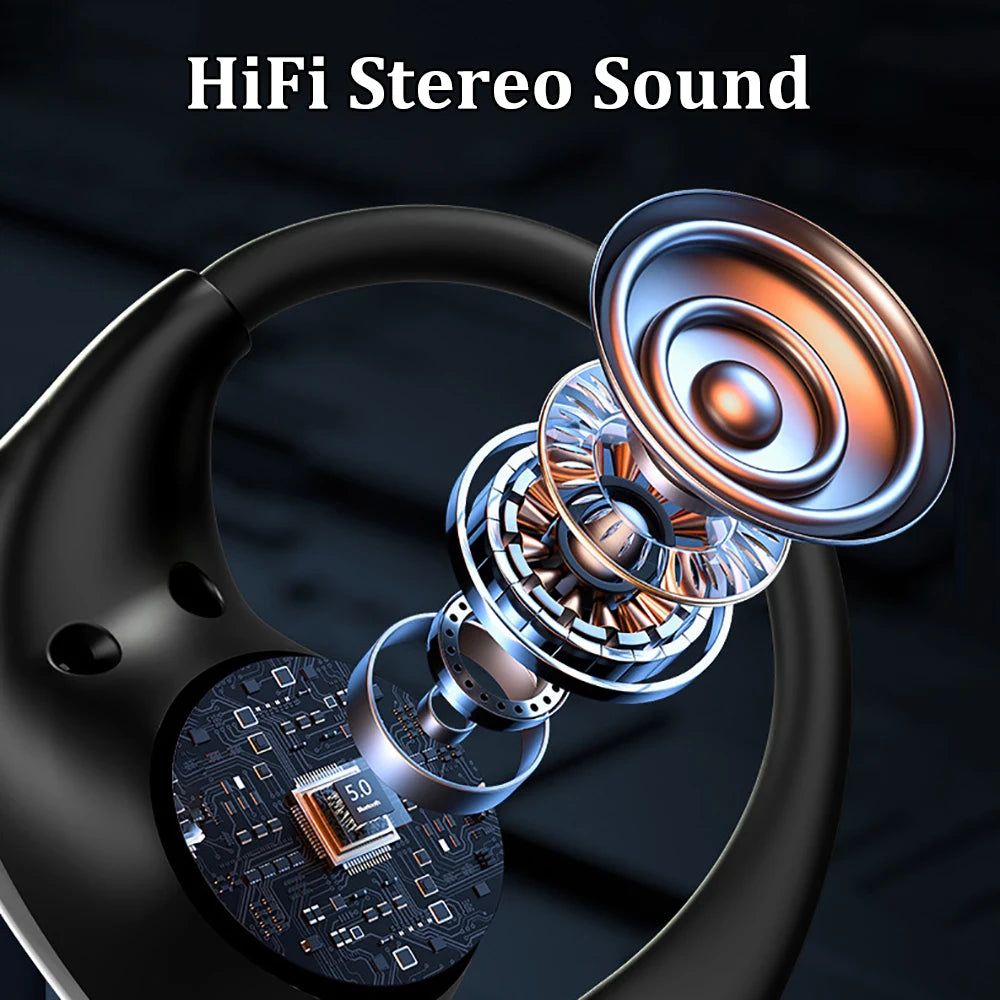 Écouteurs TWS Bluetooth 5.4 Crochet d'Oreille — HiFi Stéréo, Étanche, LED, Longue Veille, Tactile