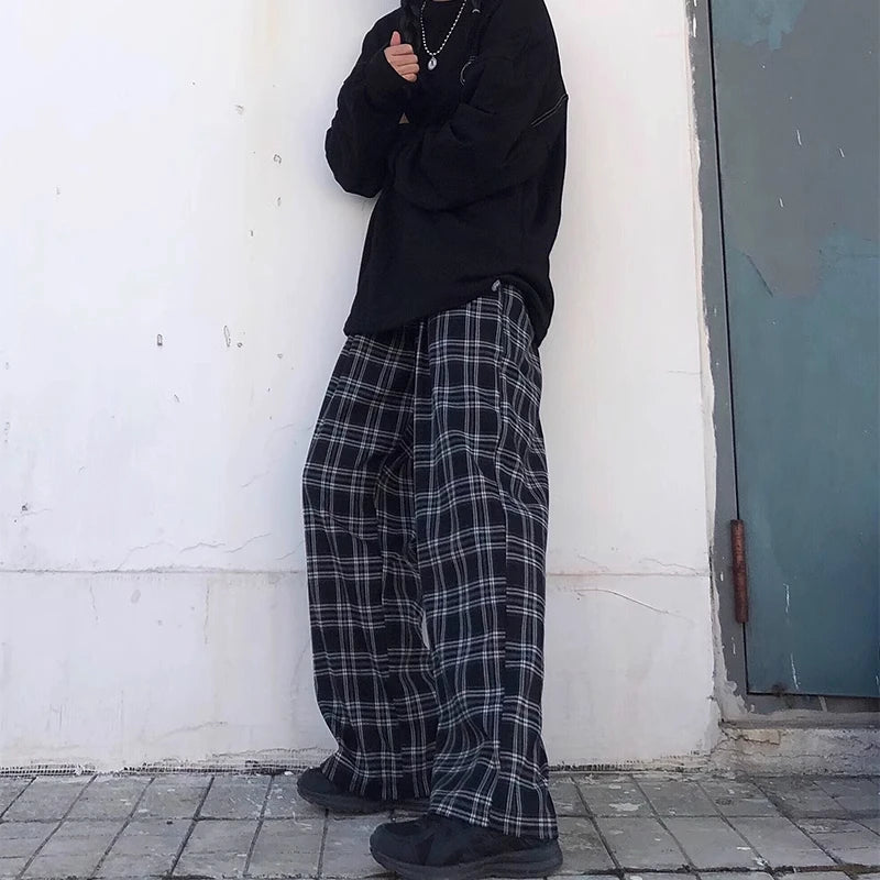 Pantalones oversize de mujer, de chándal, de moda de verano, a cuadros negros, casuales, de cintura elástica, con bolsillos casuales, para estudiantes, unisex