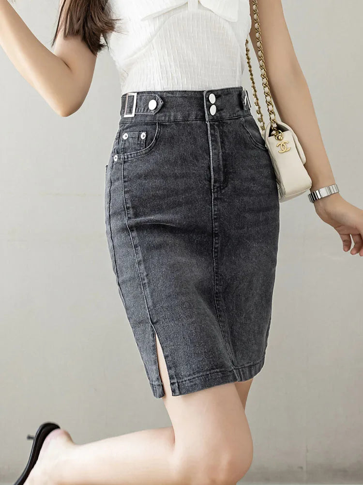Otoño 2025 talla grande falda para mujer cintura alta talla grande abertura negro o azul denim faldas moda coreana delgada falda femenina