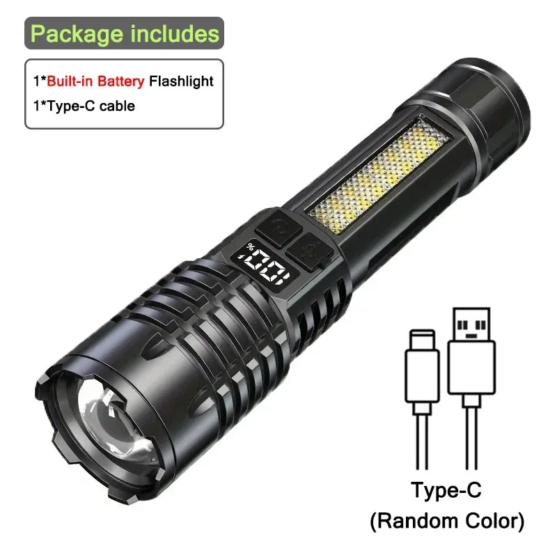 High Power LED Flashlight, Type-C Rechargeable Waterproof Torch with COB Side Light, Portable Zoom Outdoor Lamp for Camping and Hiking