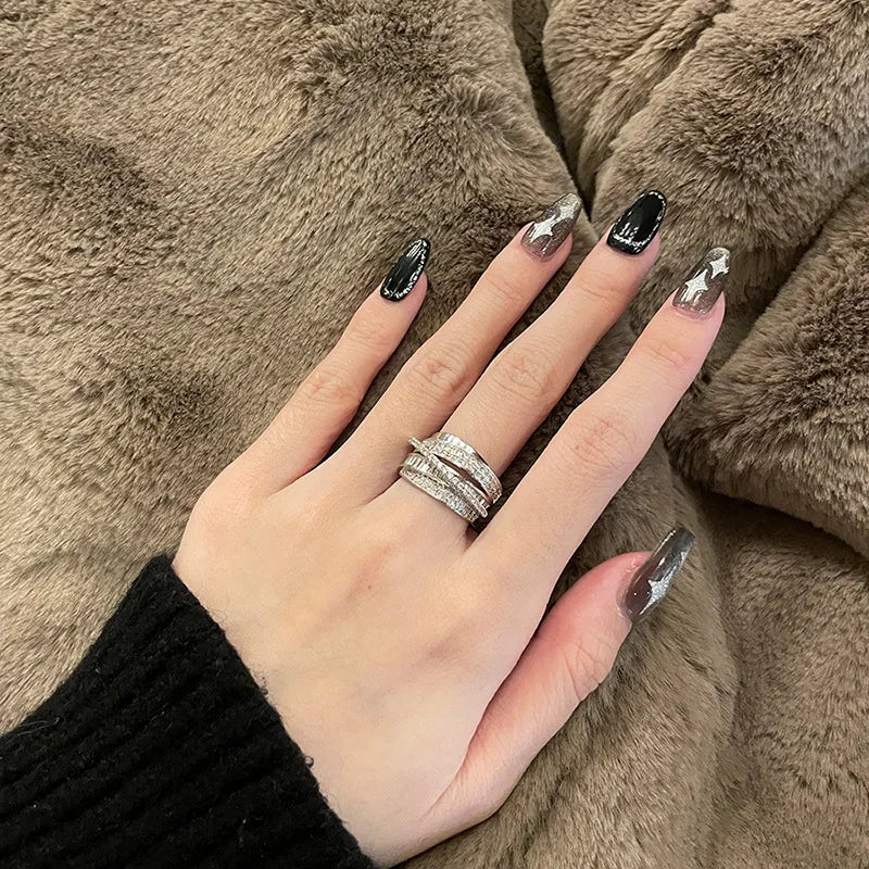 Women's Lightweight Luxury Cubic Zirconia Inlaid Ring, Classic Cross Design Open Ring, Bridal Jewelry for Engagement and Wedding