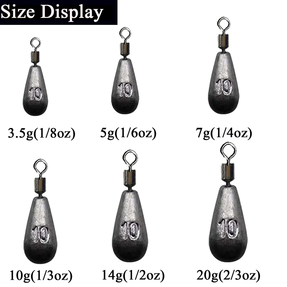 10 pièces par lot, plombs de pêche en 3.5g, 5g, 7g, 10g, 14g et 20g, poids en forme de goutte d'eau, accessoires de matériel de pêche