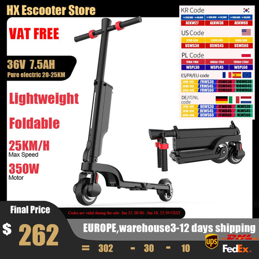 HX X6 Adult Electric Scooter 350W 7.5AH 36V 25 KM/H Foldable Electric Kick E-Scooter 5.5 Inch Wheel EScooter for Kids Adults