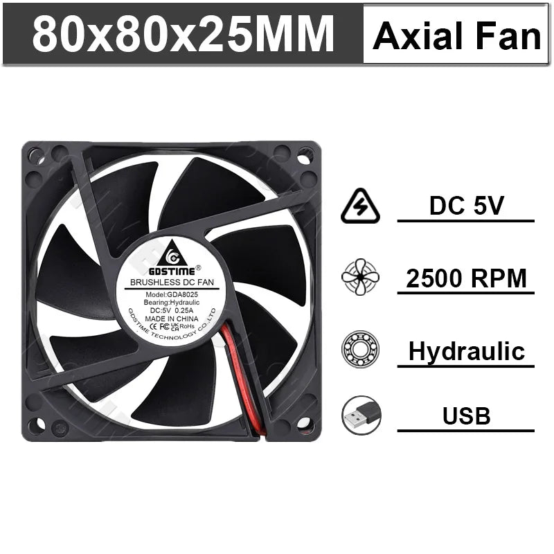 Ventilateur de refroidissement Gdstime 8025 2 broches 48V DC 5V 12V 24V 80mm, ventilateur axial USB à double roulement à billes 80x80x25mm, ventilateur de refroidissement pour boîtier PC 8CM