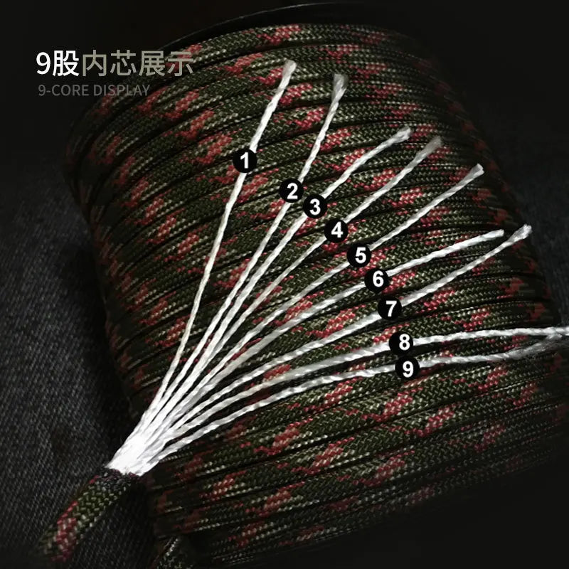 Cordon de parachute militaire standard 550 de 100M/50M, 9 brins, 4mm, pour survie en extérieur, tente et sangle de fixation