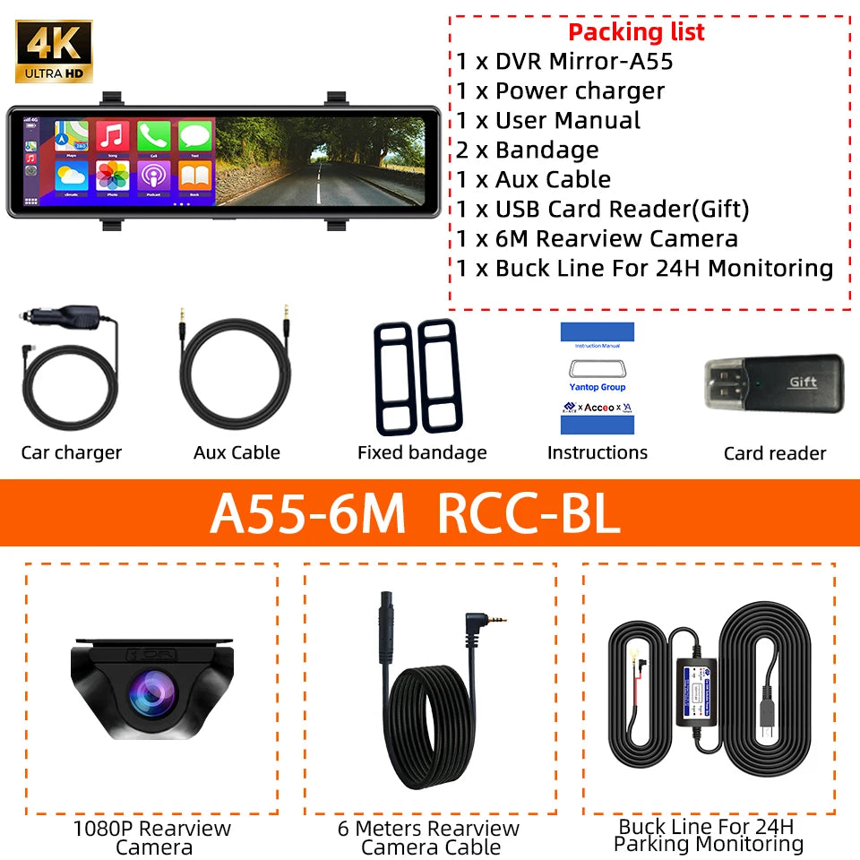 Yangood 4K Mirror Dash Cam DVR Supports Wireless Carplay and Android Auto Loop Recording 24H Parking Monitoring Dashboard Camera