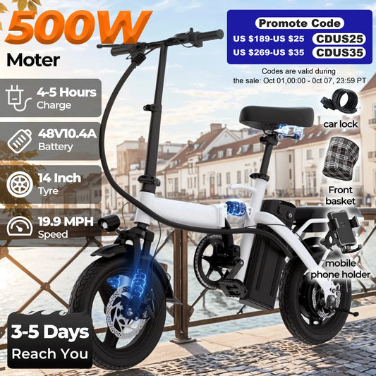 14-inch Electric Bicycle, Easy-Folding Adult Commuter Electric Bike, 500W Motor, Removable Battery, 20 Miles Max Range