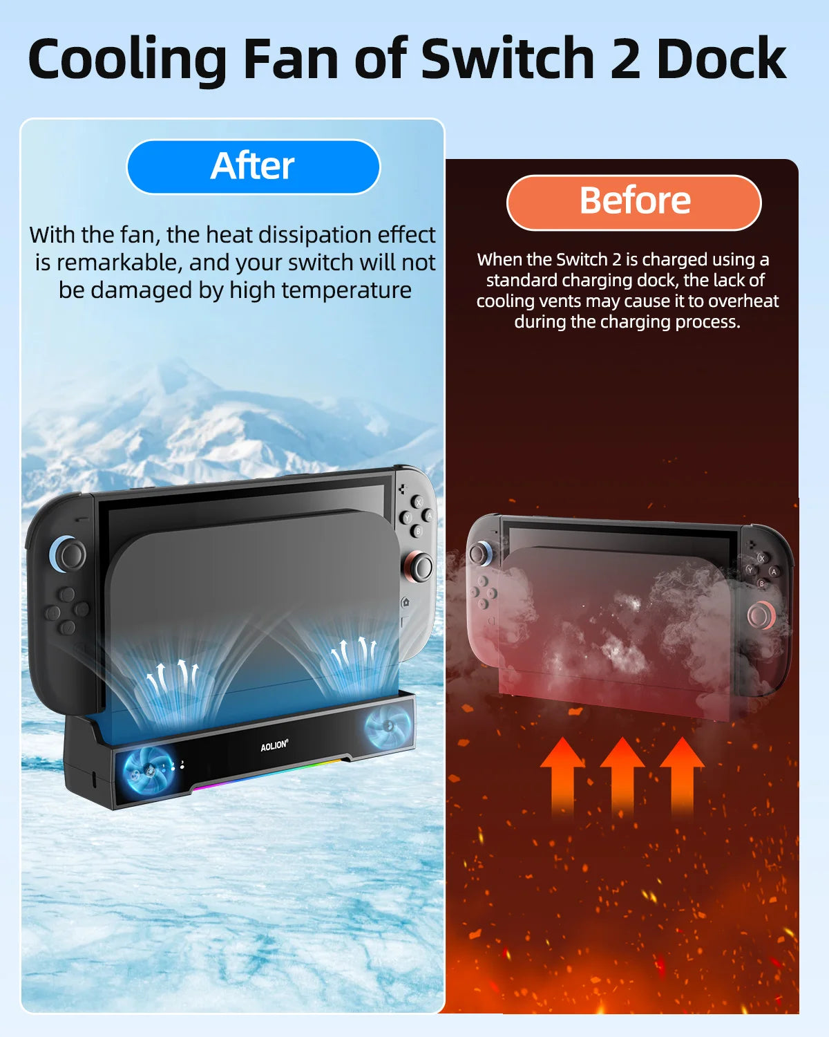 Aolion para Switch 2 Base RGB Ventilador de refrigeración HUB portátil Base de expansión Soporte de pared con NGC para accesorios de Switch 2