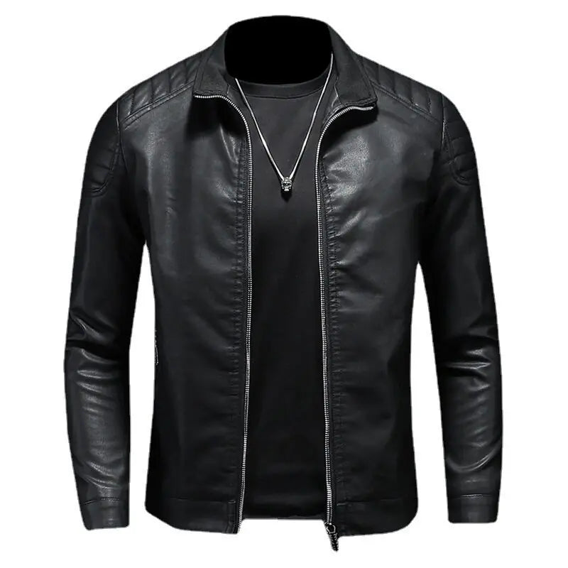 Men's PU Leather Motorcycle Jacket, Stand-up Collar, Casual Windbreaker, ChimMens Apparel, Black, Blue, Winter, 2024