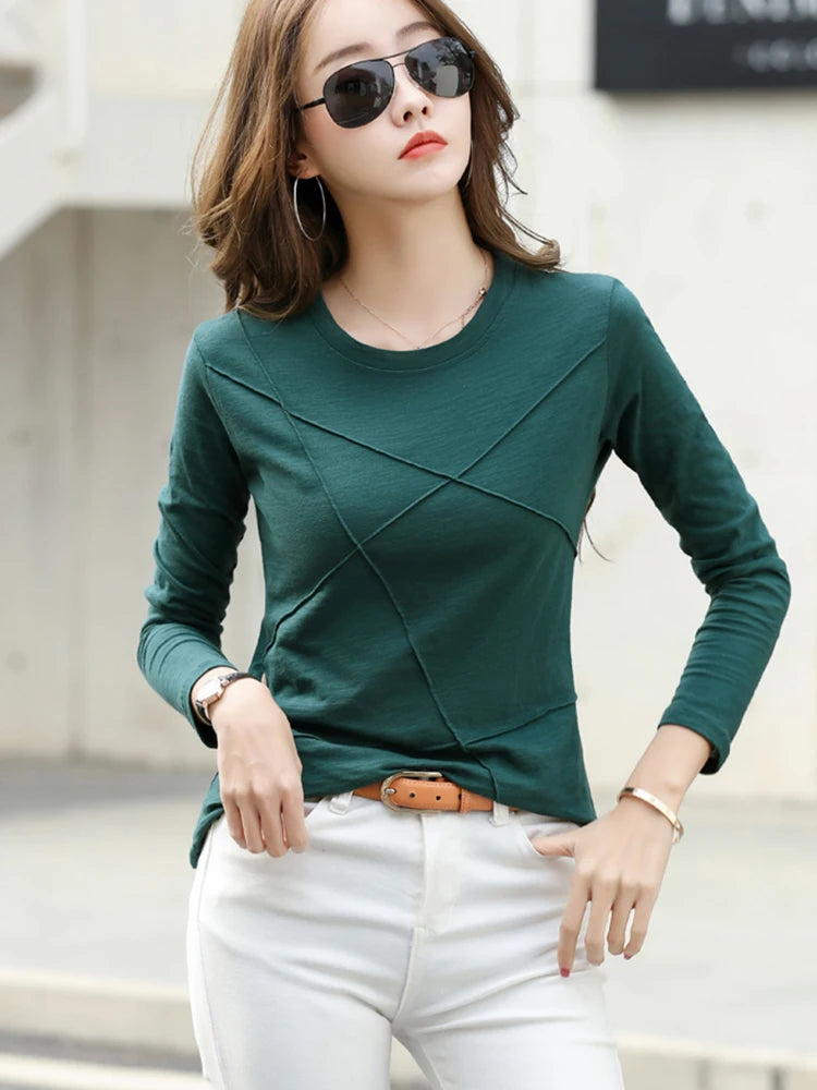2026 printemps à manches longues femmes col rond bambou coton T-Shirt élégant ample côtelé mode T-Shirt dames Simple hauts