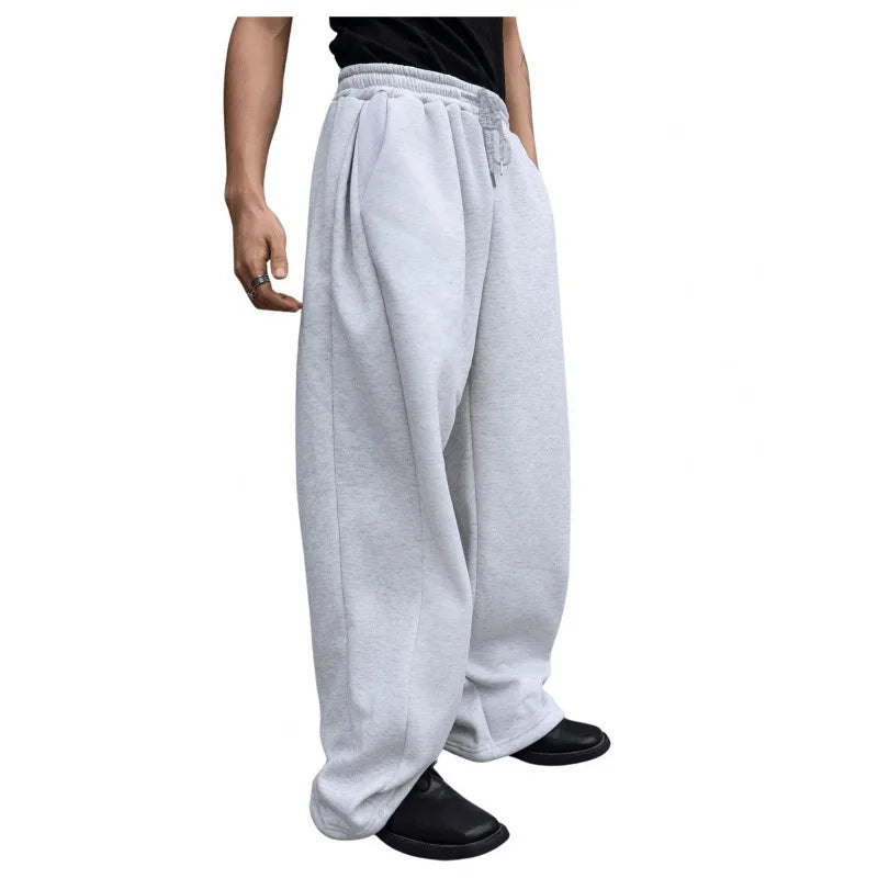 Men's Solid Color Sanitary Pants, Straight Waist with Drawstring, Wide Leg, Loose Fit with Pockets, Versatile Sport Pants, 2025