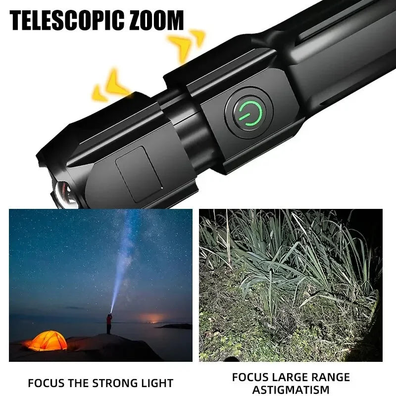 Lampe de poche LED puissante, Rechargeable par USB, batterie au Lithium intégrée, étanche, Zoom, pêche, chasse, Camping, lampe de poche tactique