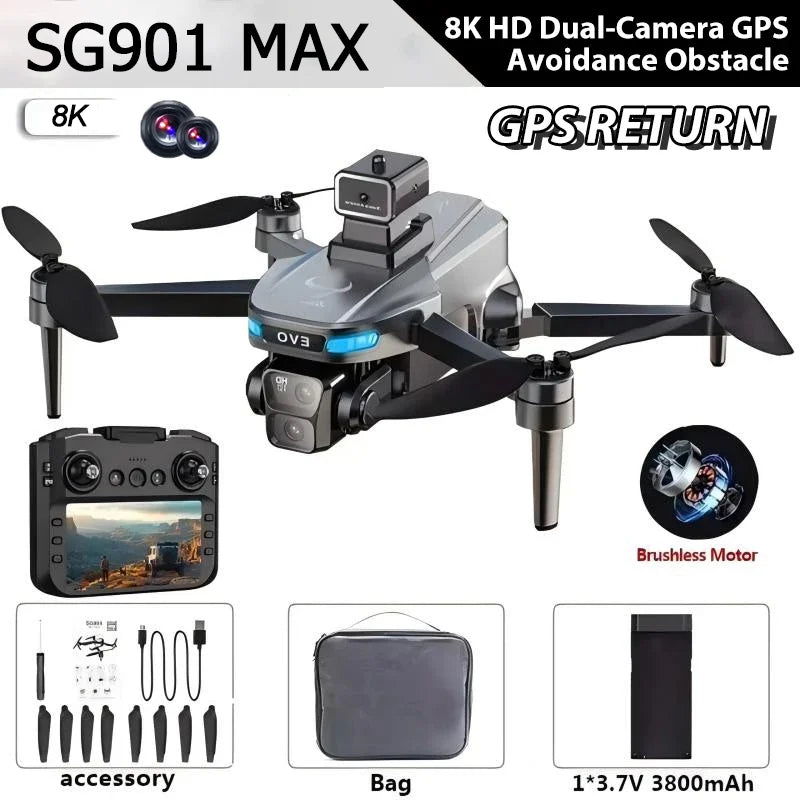 Dron profesional Lenovo SG901 MAX GPS 8K aéreo HD con evasión de obstáculos, control remoto de pantalla grande, dron plegable sin escobillas