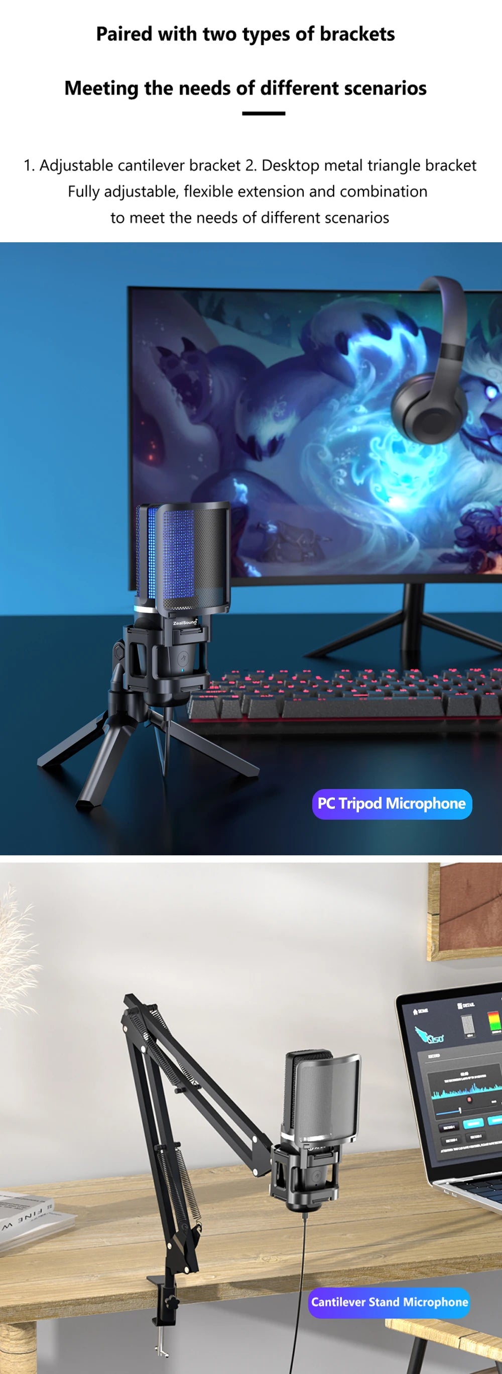 Zealsound – Microphone USB à condensateur RGB avec bras articulé pour gaming, podcast et YouTube