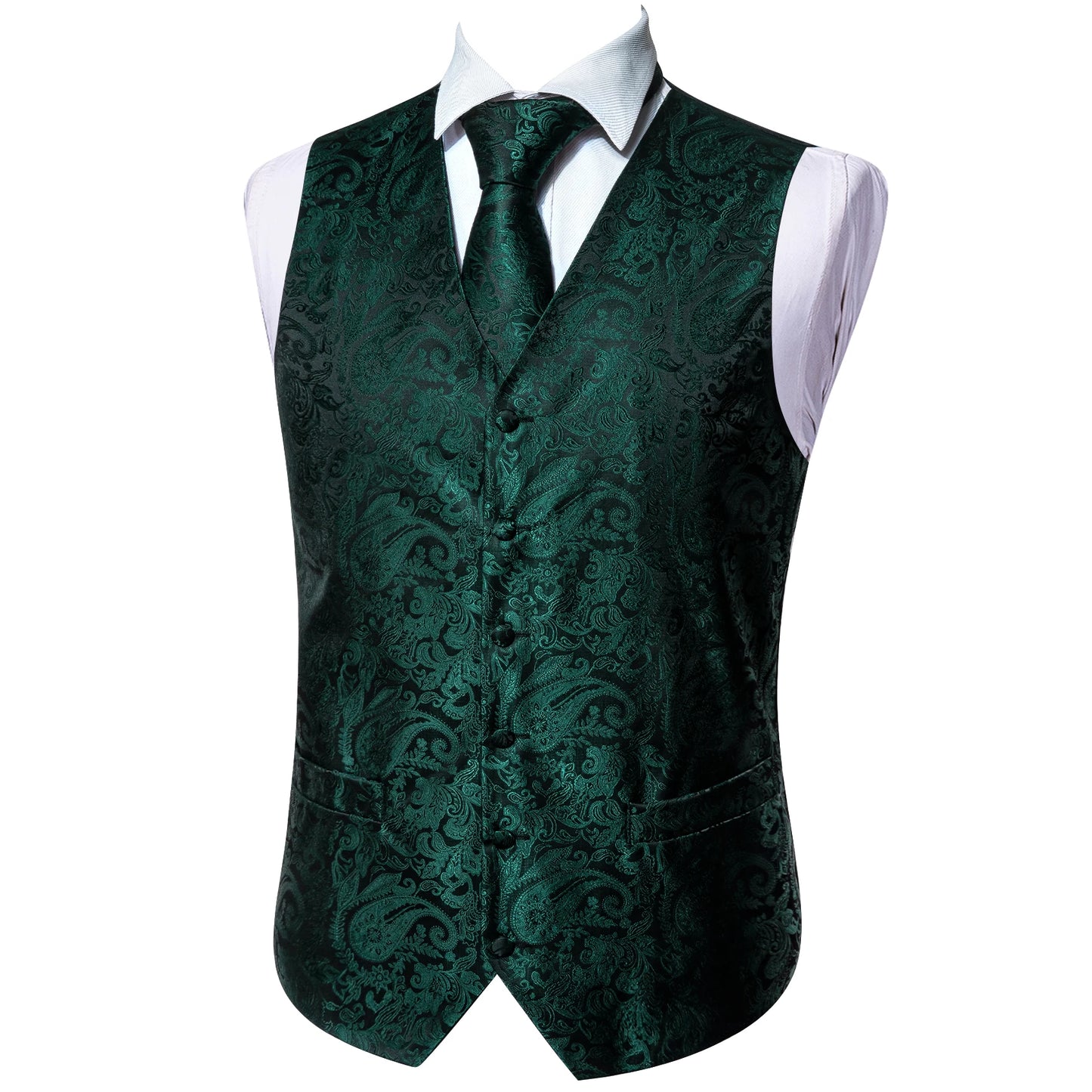 Lujo para hombre, conjunto de chaleco verde Paisley Floral Slim, para hombre, chaleco de vestir sin mangas, formal de trabajo, con corbata y pañuelo, de Barry Wang