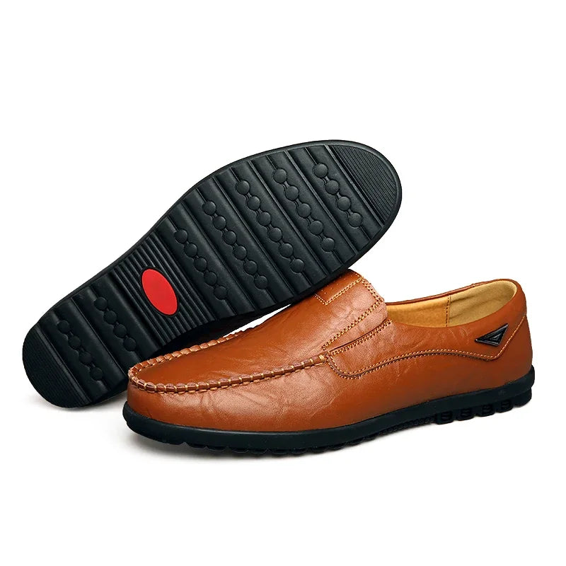 Men's Genuine Leather Casual Breathable Slip-On Black Driving Shoes, Plus Size 46, 2023