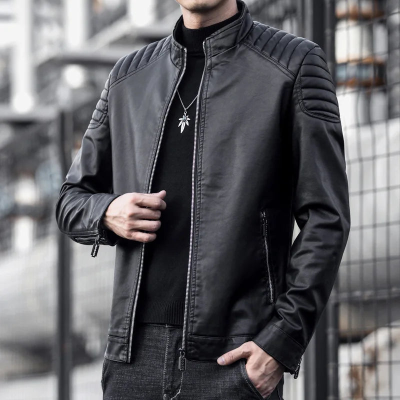 Men's PU Leather Motorcycle Jacket, Stand-up Collar, Casual Windbreaker, ChimMens Apparel, Black, Blue, Winter, 2024