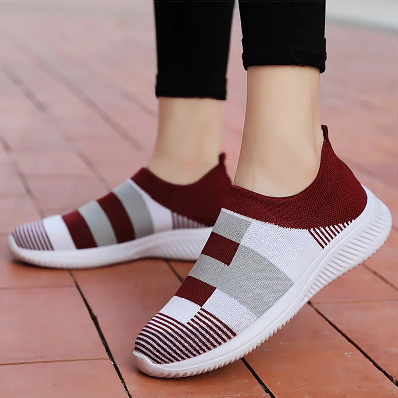 Zapatillas Planas Tejidas con Mezcla de Colores para Mujer, Zapatos Casuales Vulcanizados de la Nueva Colección