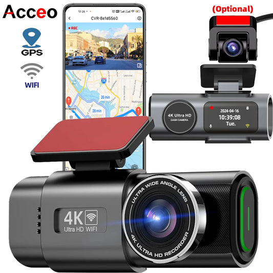 Caméra de tableau de bord 4K UHD pour voiture, enregistreur vidéo DVR à Vision nocturne, Wi-Fi intégré, Support GPS 24H pour stationnement