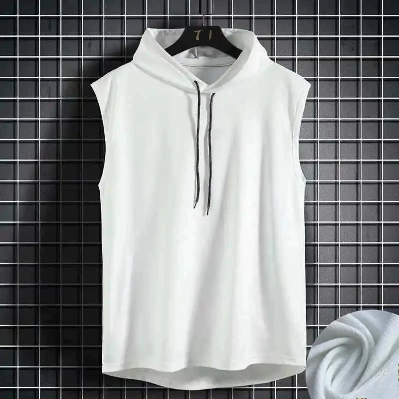 Men Tie Collar Hooded Sleeveless Vests Male Summer Loose Solid Hip Hop T-shirt Tops