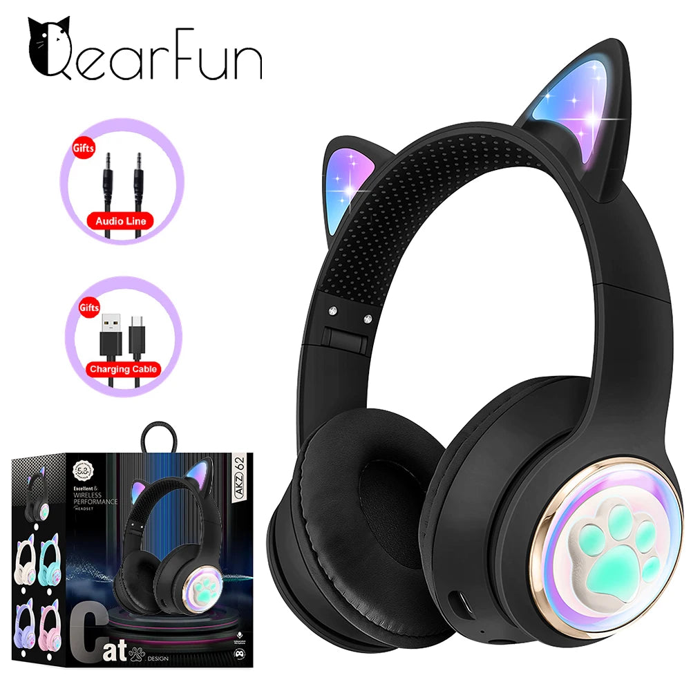 Auriculares inalámbricos RGB con orejas de gato para PC, lindos, cápsula espacial 3D, auriculares Bluetooth, auriculares plegables para juegos, regalos para niñas