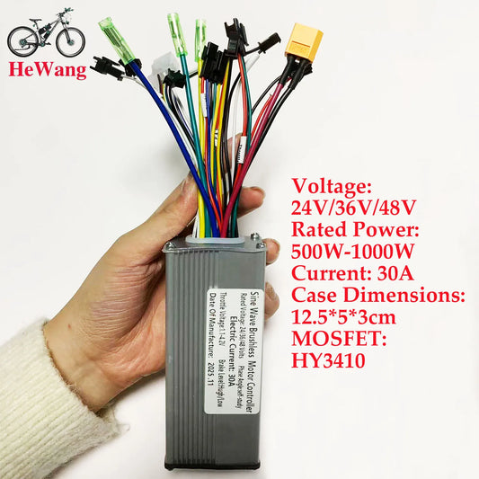 24V/36V/48V Sine Wave Brushless Motor Controller, 3-Mode, 500W 750W 1000W 30A for S866 V889 S966 No. 2 Protocol LCD Display for Electric Bikes