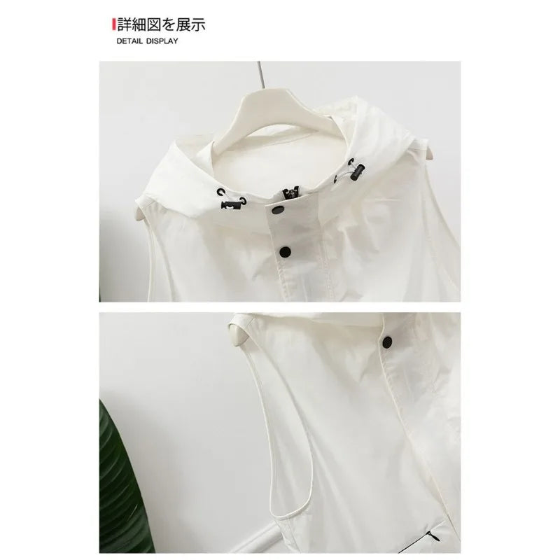 Chaleco utilitario sin mangas con capucha para mujer, gris claro, cremallera frontal, cordón, bolsillo en la cintura, chaleco informal para exteriores
