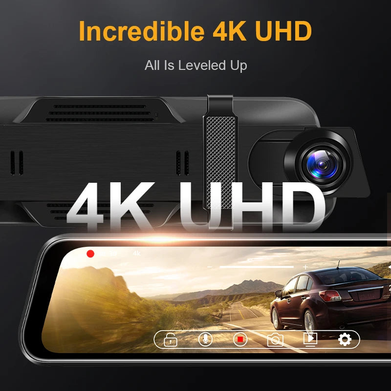 Dashcam voiture 10 pouces 4K Super Vision nocturne — écran tactile, double objectif, enregistreur de tableau de bord