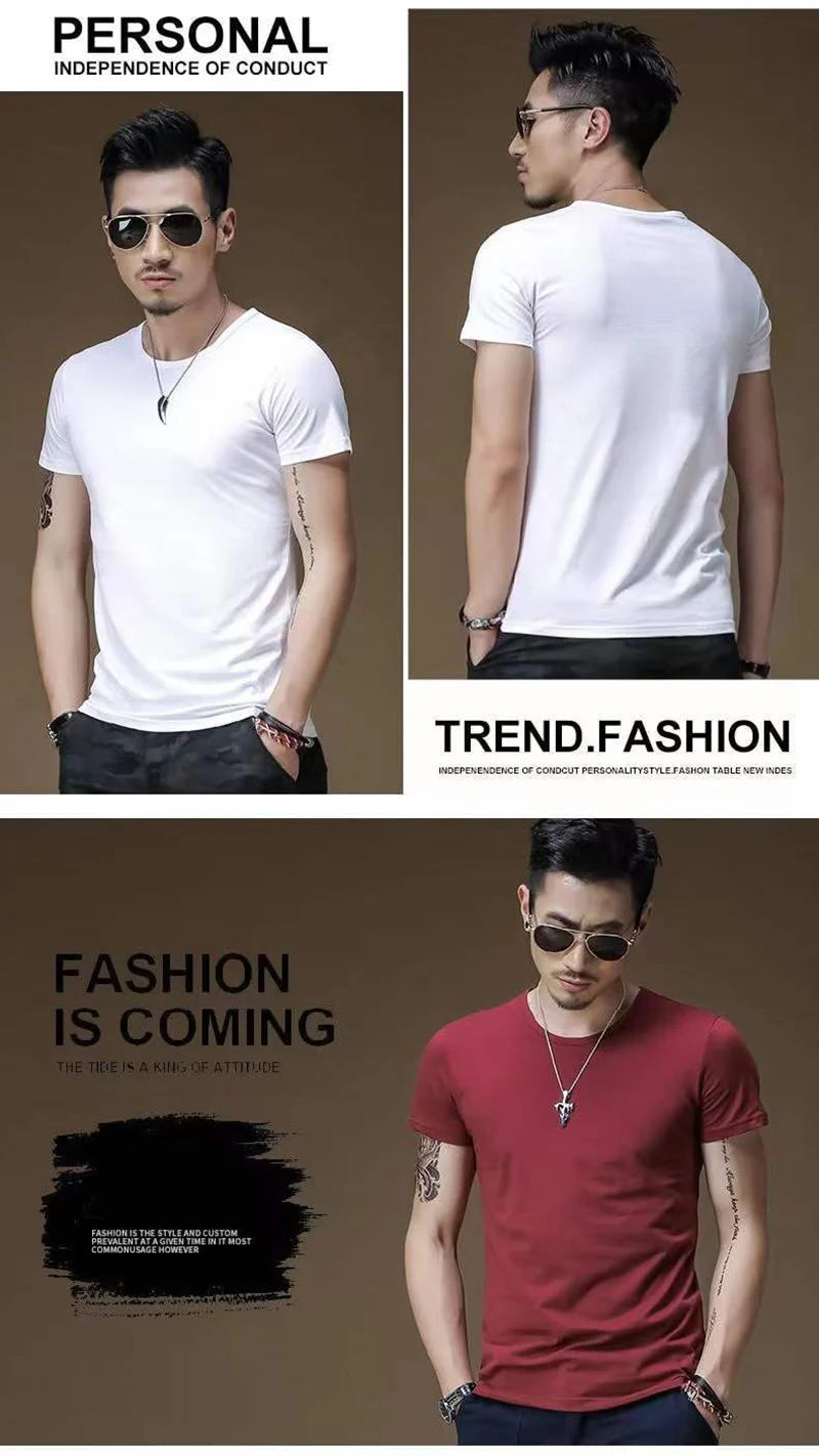 2026 hommes T-Shirt couleur Pure col en V à manches courtes hauts T-Shirts hommes T-Shirt collants noirs homme T-Shirts Fitness pour vêtements masculins