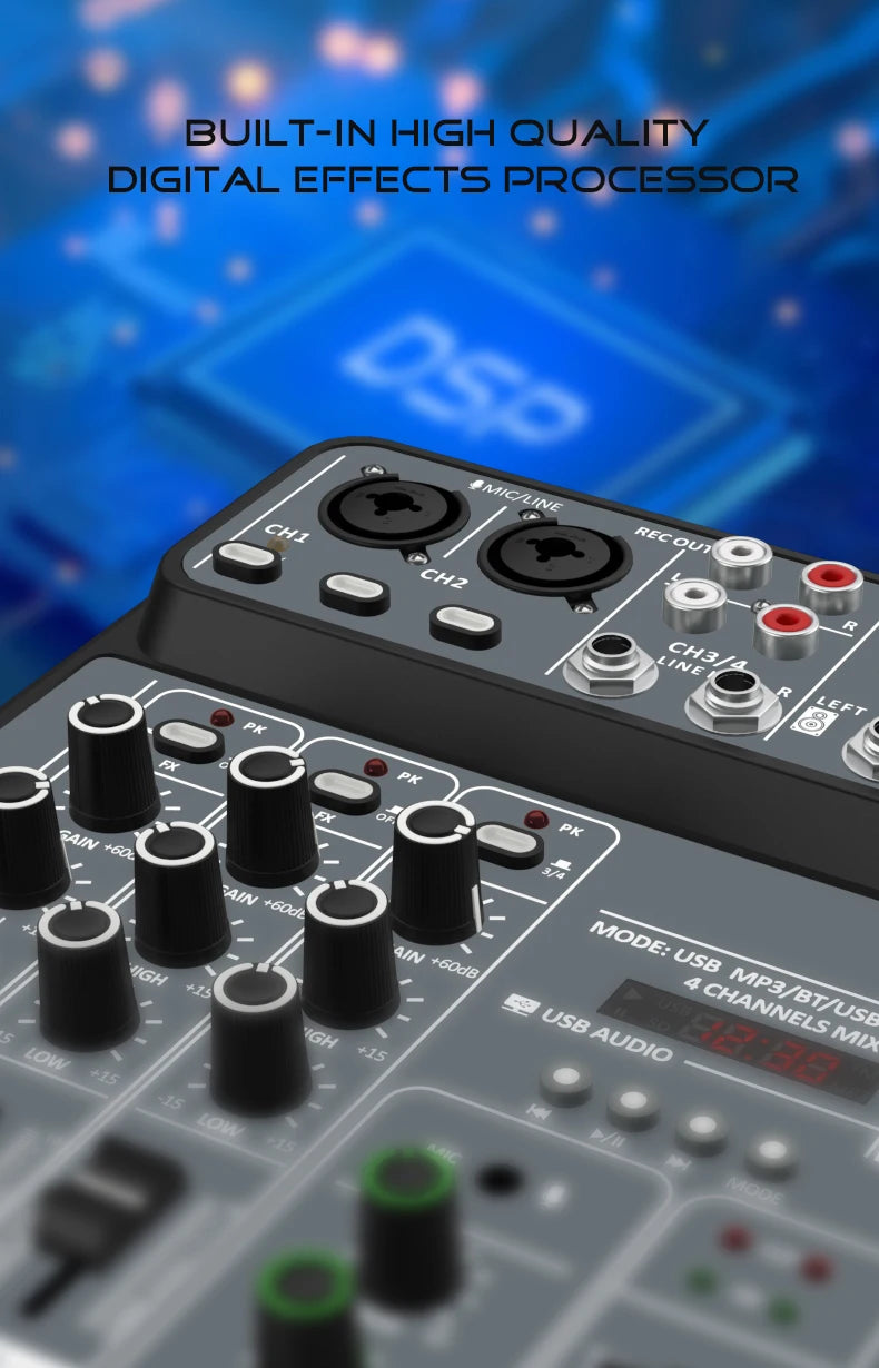 Mélangeur Audio DJ 4 Canaux USB Bluetooth — Console Mixage 48V Karaoké & Studio