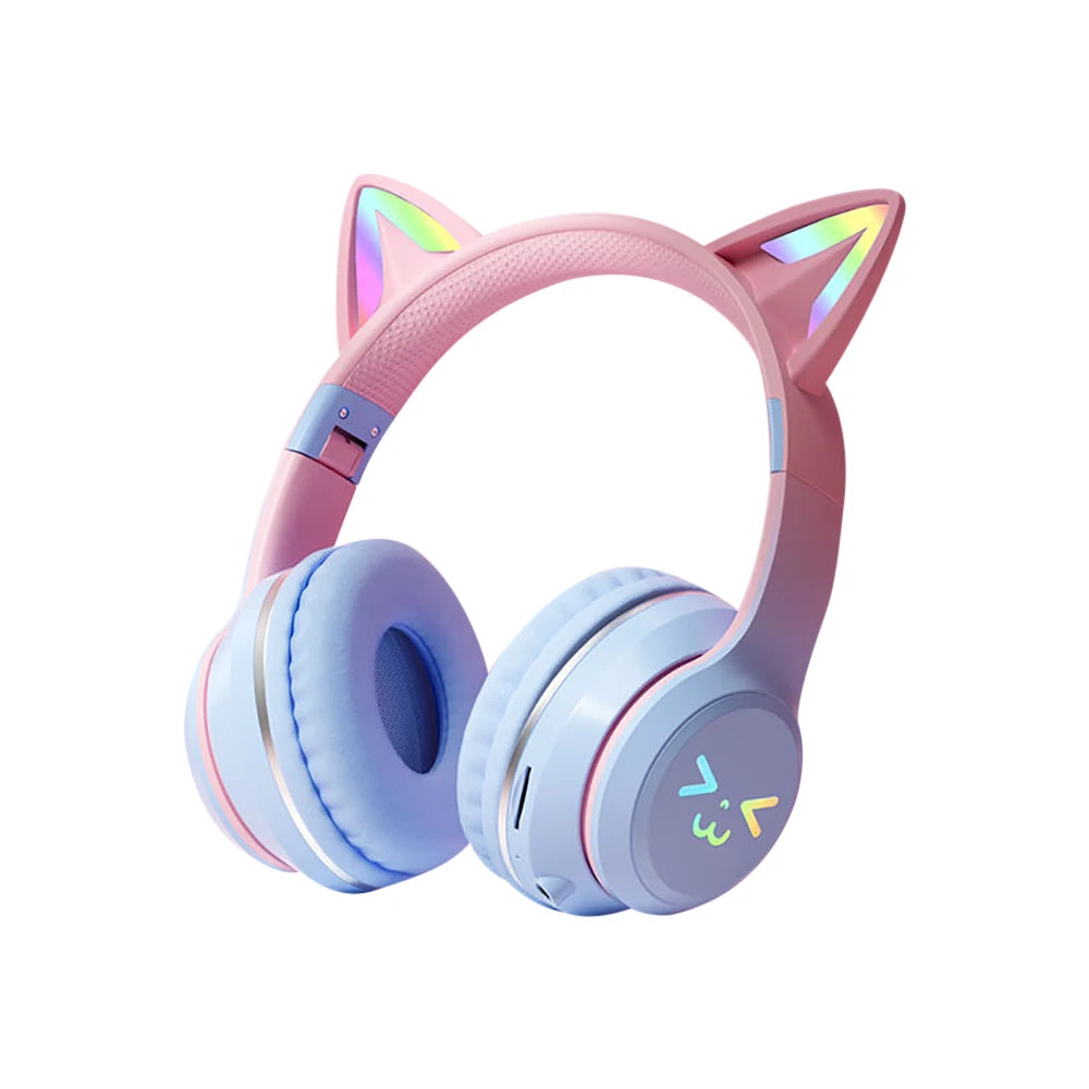 Écouteurs sans fil dégradés RGB, oreilles de chat mignonnes, Bluetooth, avec microphone, stéréo, jeu de musique, cadeaux pour filles et enfants