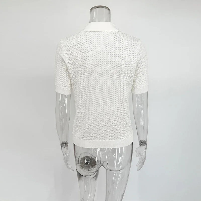 T-shirt femme en maille ajourée 2026 — manches courtes, décontracté, col à revers, tendance, uni