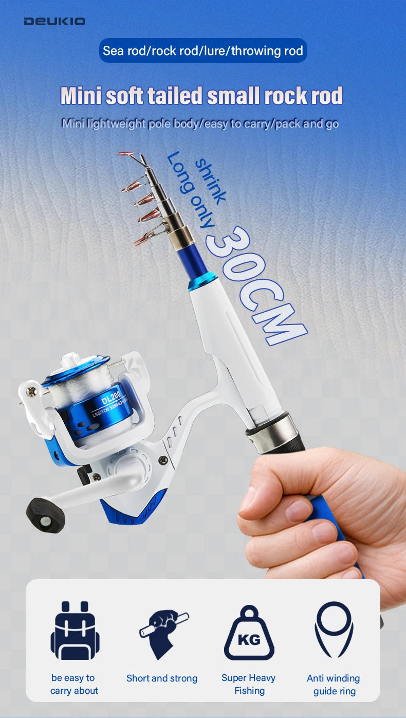 DEUKIO – Mini canne à pêche combinée avec canne à pêche télescopique courte et moulinet Spinning, ensemble de poteaux de voyage pour enfants débutants
