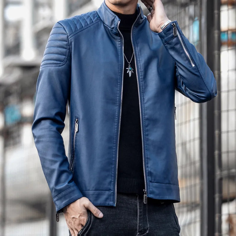 Men's PU Leather Motorcycle Jacket, Stand-up Collar, Casual Windbreaker, ChimMens Apparel, Black, Blue, Winter, 2024