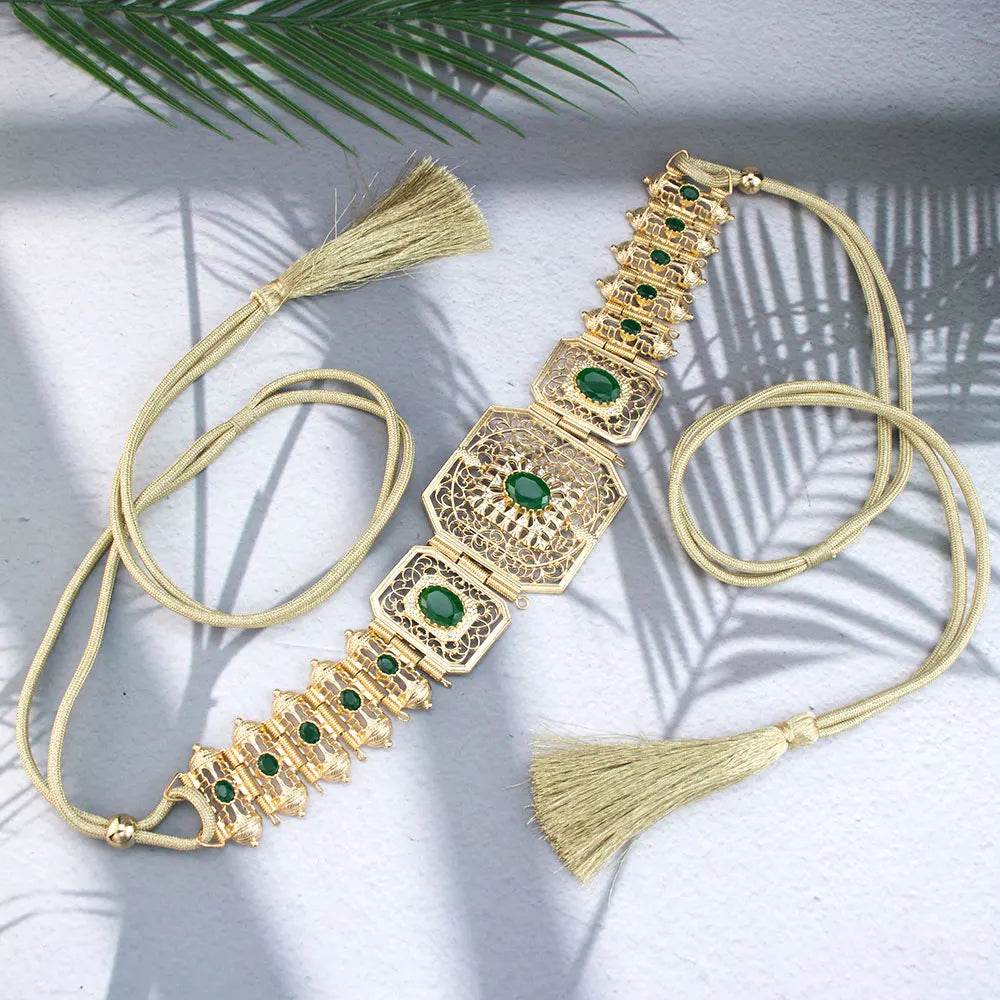 Gold Color Handmade Rope Belt, Algerian Moroccan Caftan for Women, Crystal Bridal Jewelry, Arab Festival Jewelry