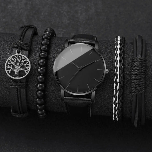 4/5PCS Relojes de pulsera de moda para hombre, relojes de ciudad casuales, reloj de cuarzo para hombre con correa de cuero, conjunto de pulseras vintage, Reloj Hombre (sin caja)