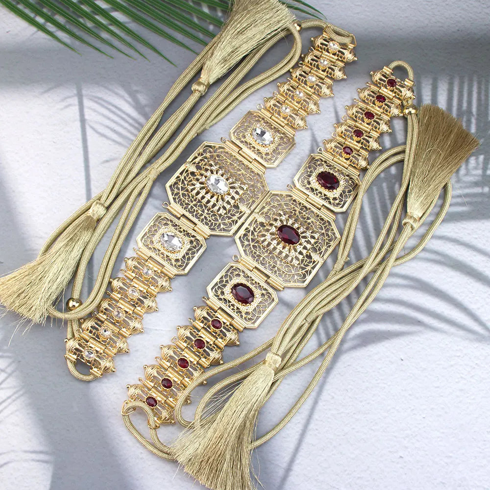 Gold Color Handmade Rope Belt, Algerian Moroccan Caftan for Women, Crystal Bridal Jewelry, Arab Festival Jewelry
