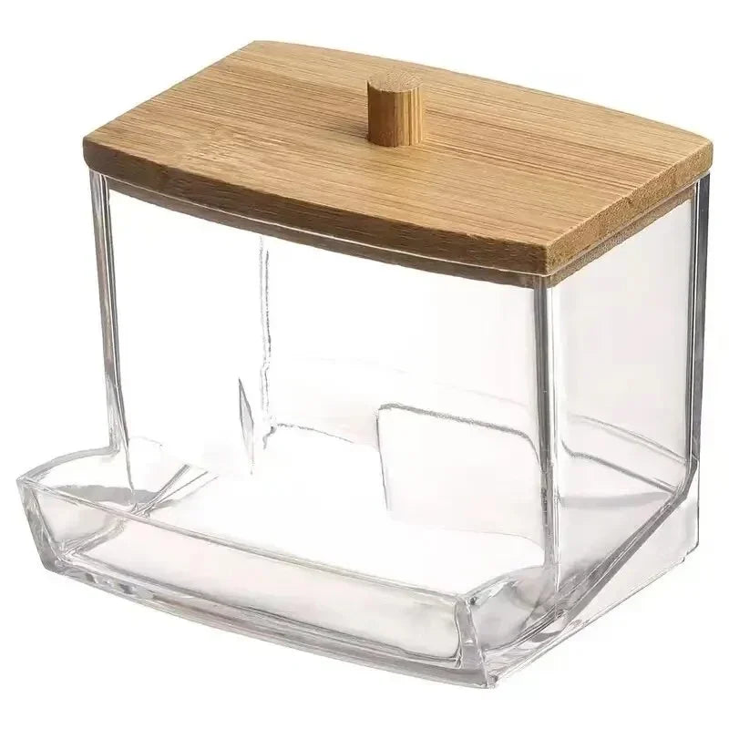 Cotton Swab Storage Box, Double Head Cotton Swab Container, Transparent Square Bamboo Lid, Toothpick Organizer Box