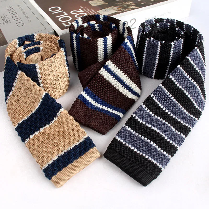 Cravates tricotées rayées pour hommes, rétro étroit, Style coréen, chemises décontractées, accessoires, costume, cravate