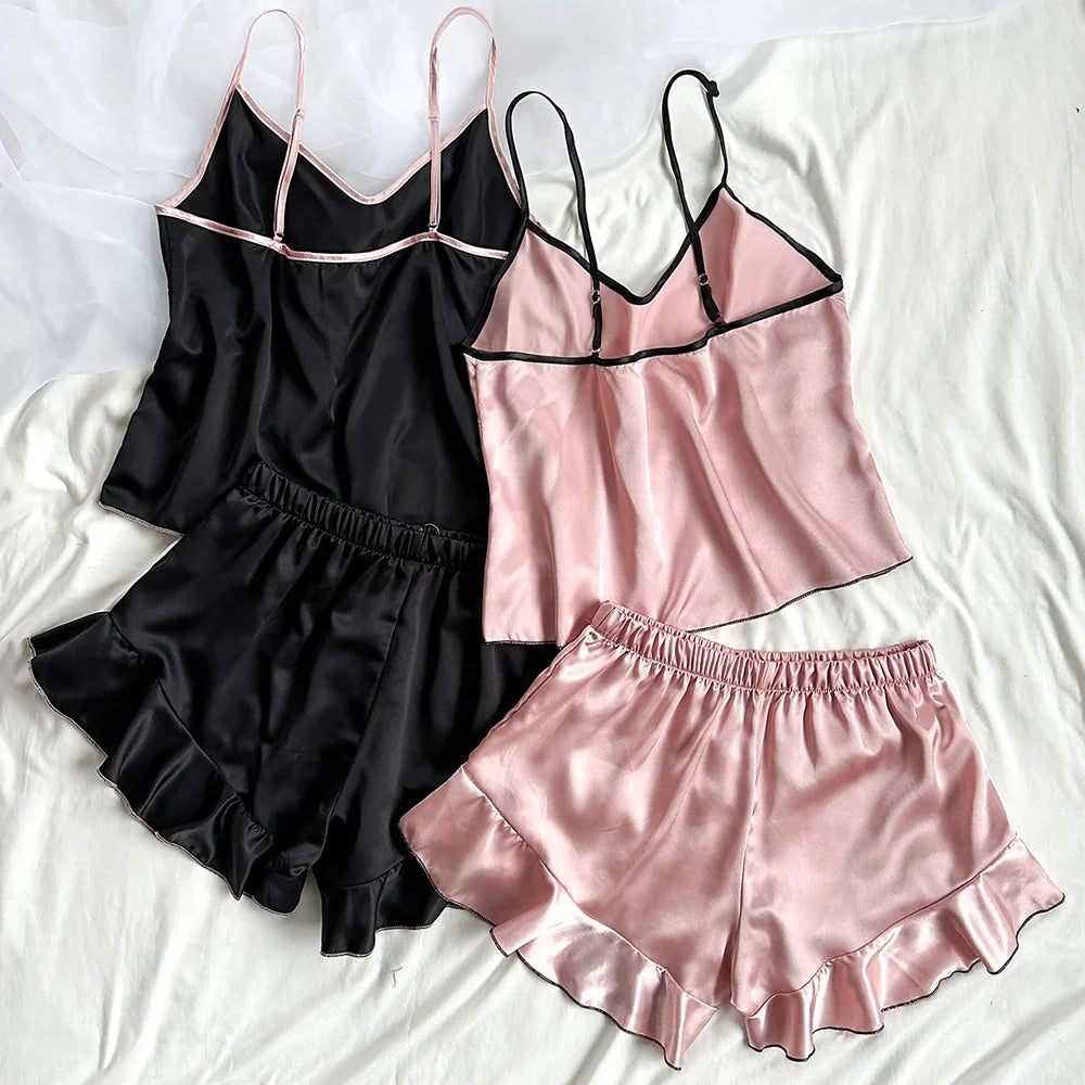 Women's Smooth Satin Pajamas, V-Neck T-Shirt, Ruffled Edges and Bow Shorts, Simple and Breathable Pajama Set, Strappy Homewear