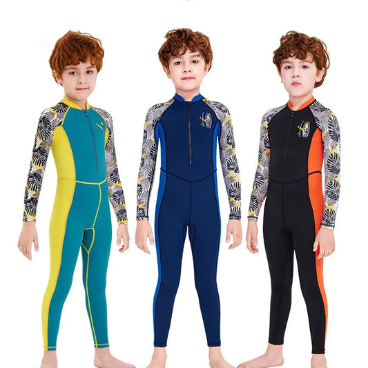 Maillots de bain une pièce pour enfants, maillot de bain pour garçons, manches longues, Protection solaire (y compris les bonnets de bain)
