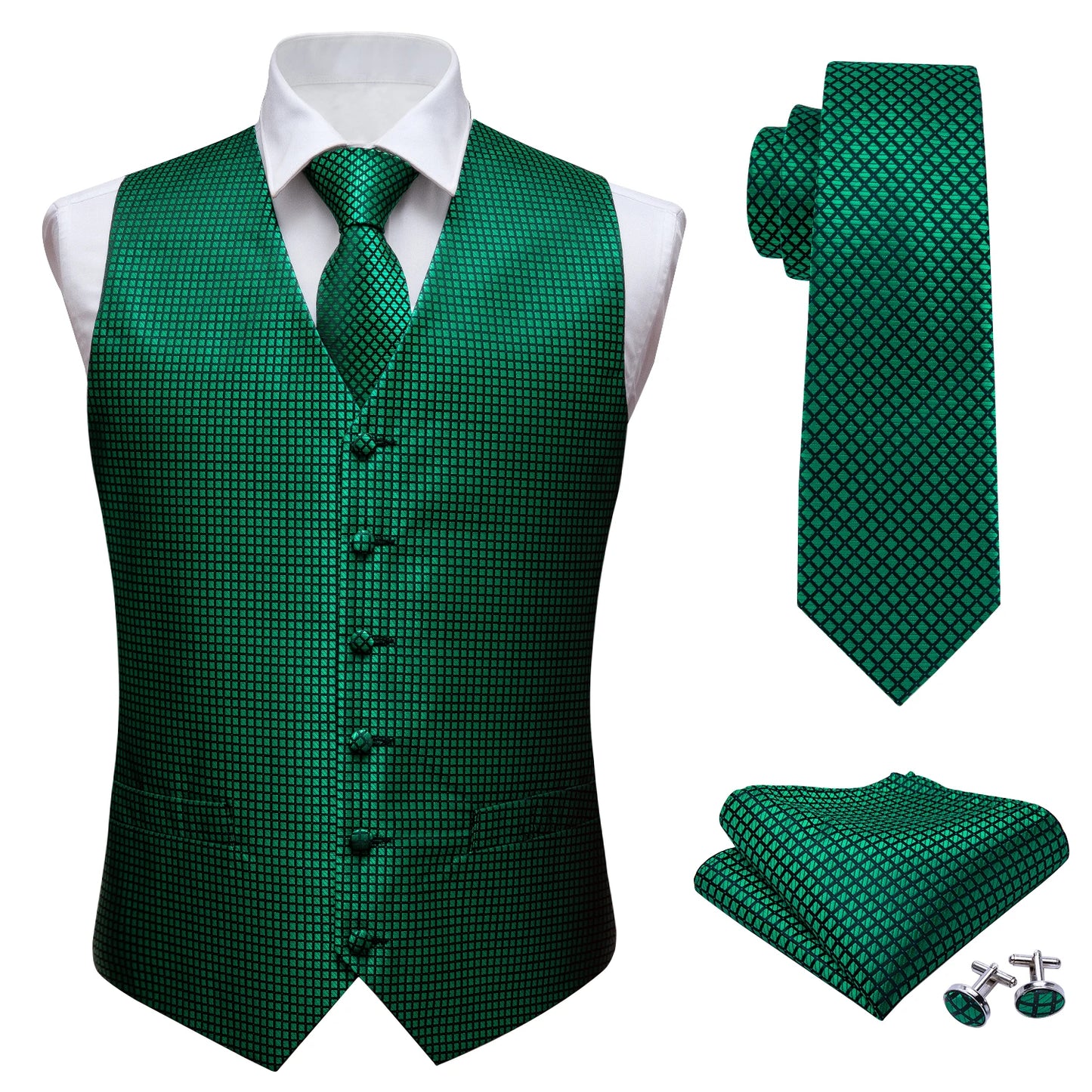 Lujo para hombre, conjunto de chaleco verde Paisley Floral Slim, para hombre, chaleco de vestir sin mangas, formal de trabajo, con corbata y pañuelo, de Barry Wang