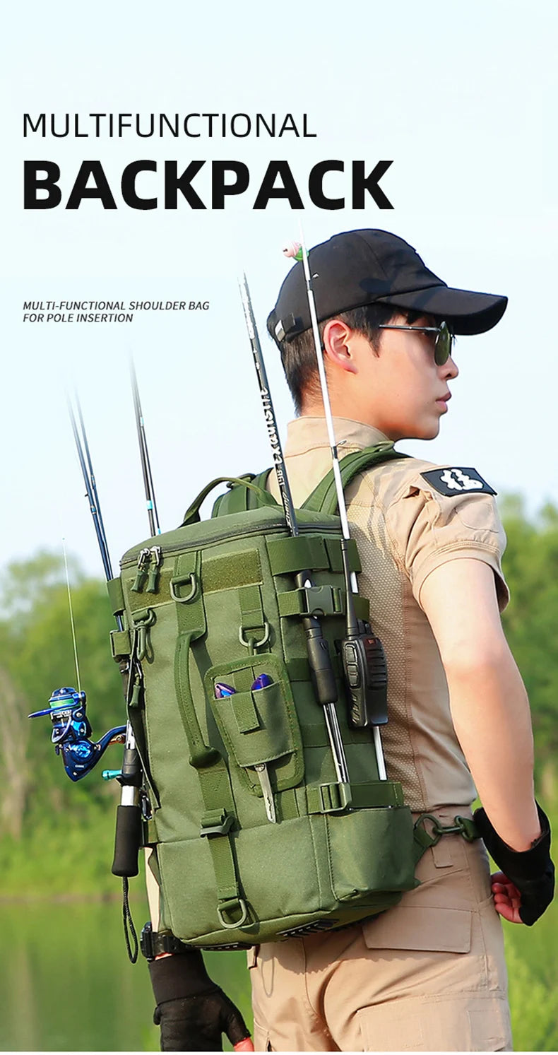 Sac à dos de pêche tactique, sac de matériel avec porte-canne, rangement d'équipement de poisson Molle Camping randonnée sac multifonctionnel en plein air