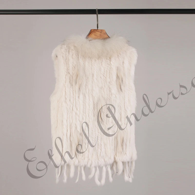ETHEL ANDERSON – Chaleco con borlas de piel de conejo auténtica, chaleco de punto de alta calidad, vintage, de piel de mapache, ropa de abrigo