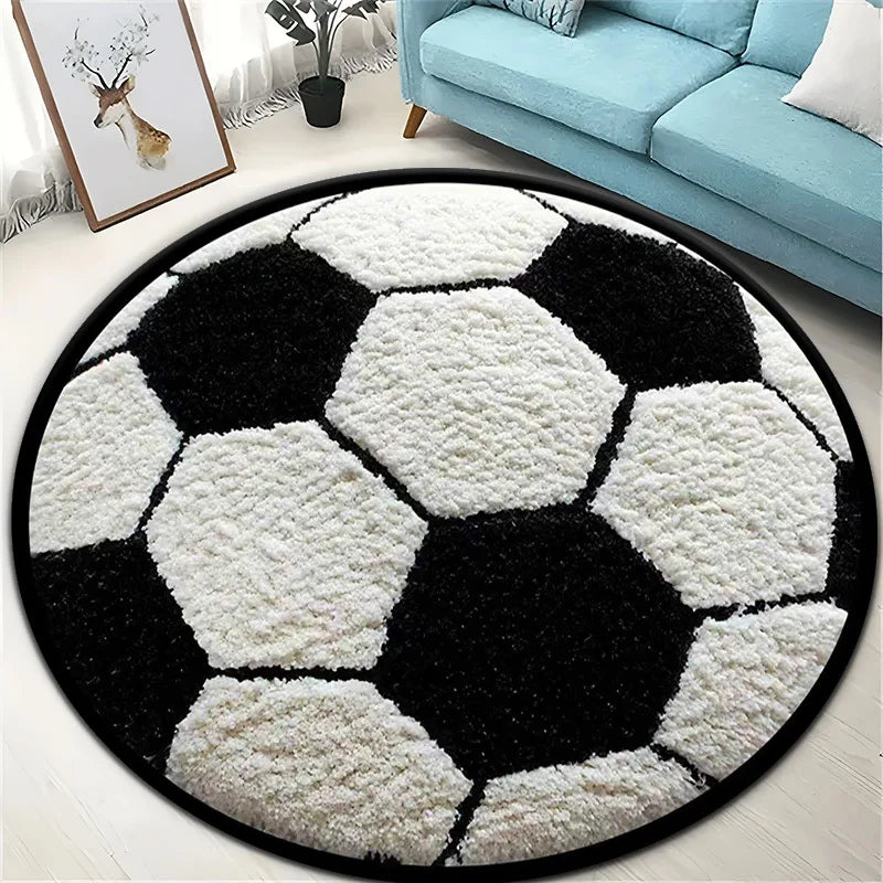 Tapis Rond Motif Ballon de Football Noir & Blanc — Polyester Antidérapant, Décoration Intérieure 40–150 cm
